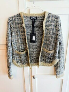 New with tags Olive & Oak Gold Lurex cardigan jacket, size Medium.